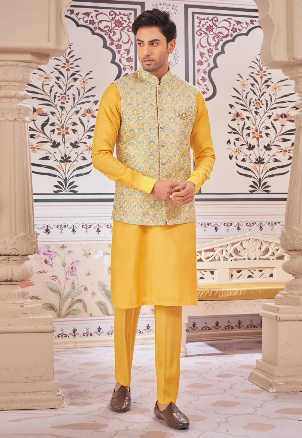 Yellow Art Silk Kurta Pajama With Jacket 296625