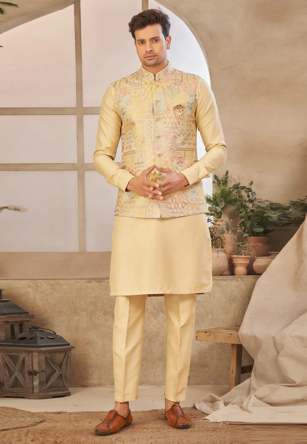 Yellow Art Silk Kurta Pajama With Jacket 296634