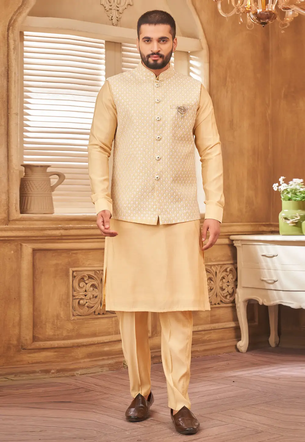 Yellow Art Silk Kurta Pajama With Jacket 296670