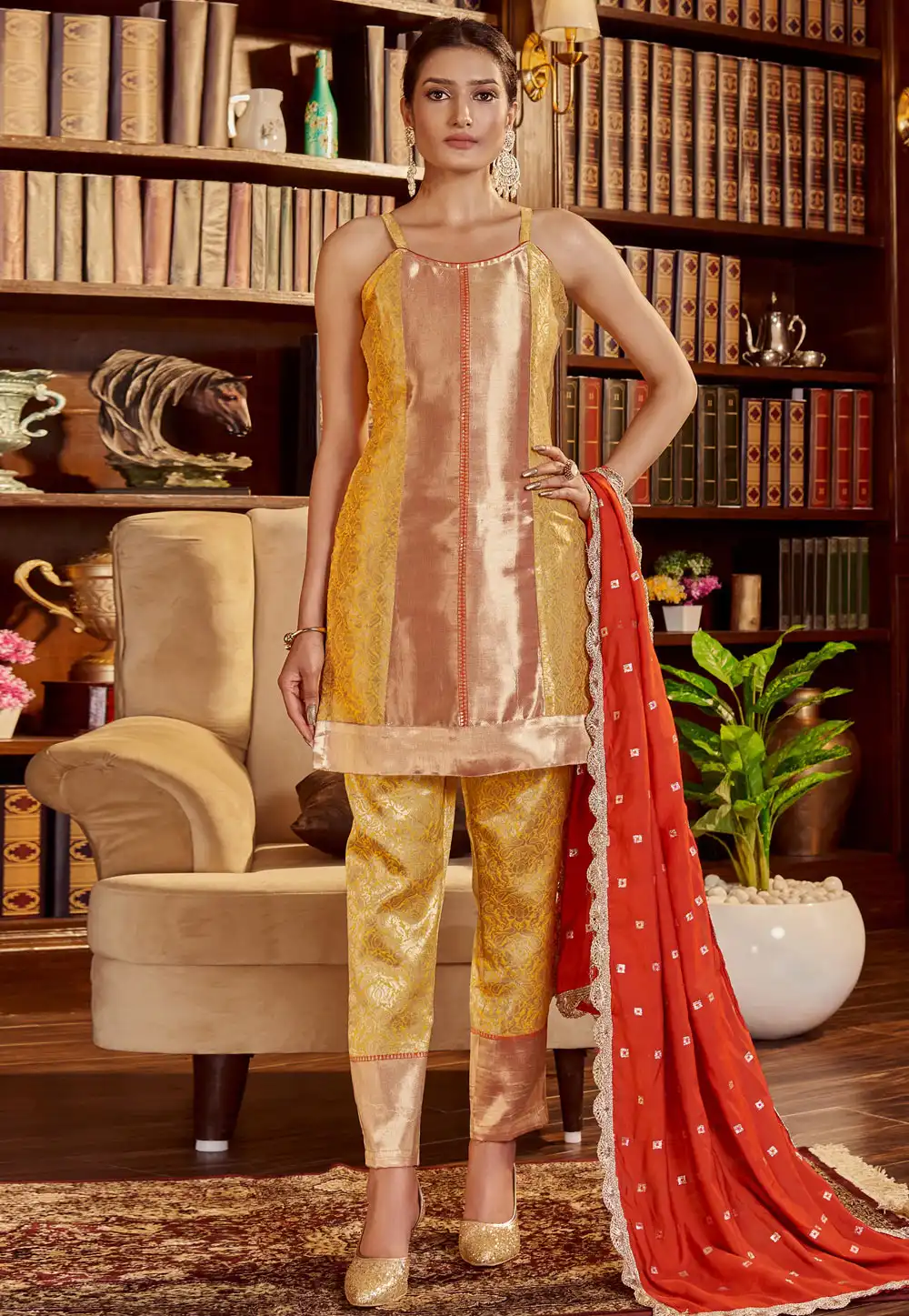 Yellow Art Silk Readymade Pant Style Suit 288969