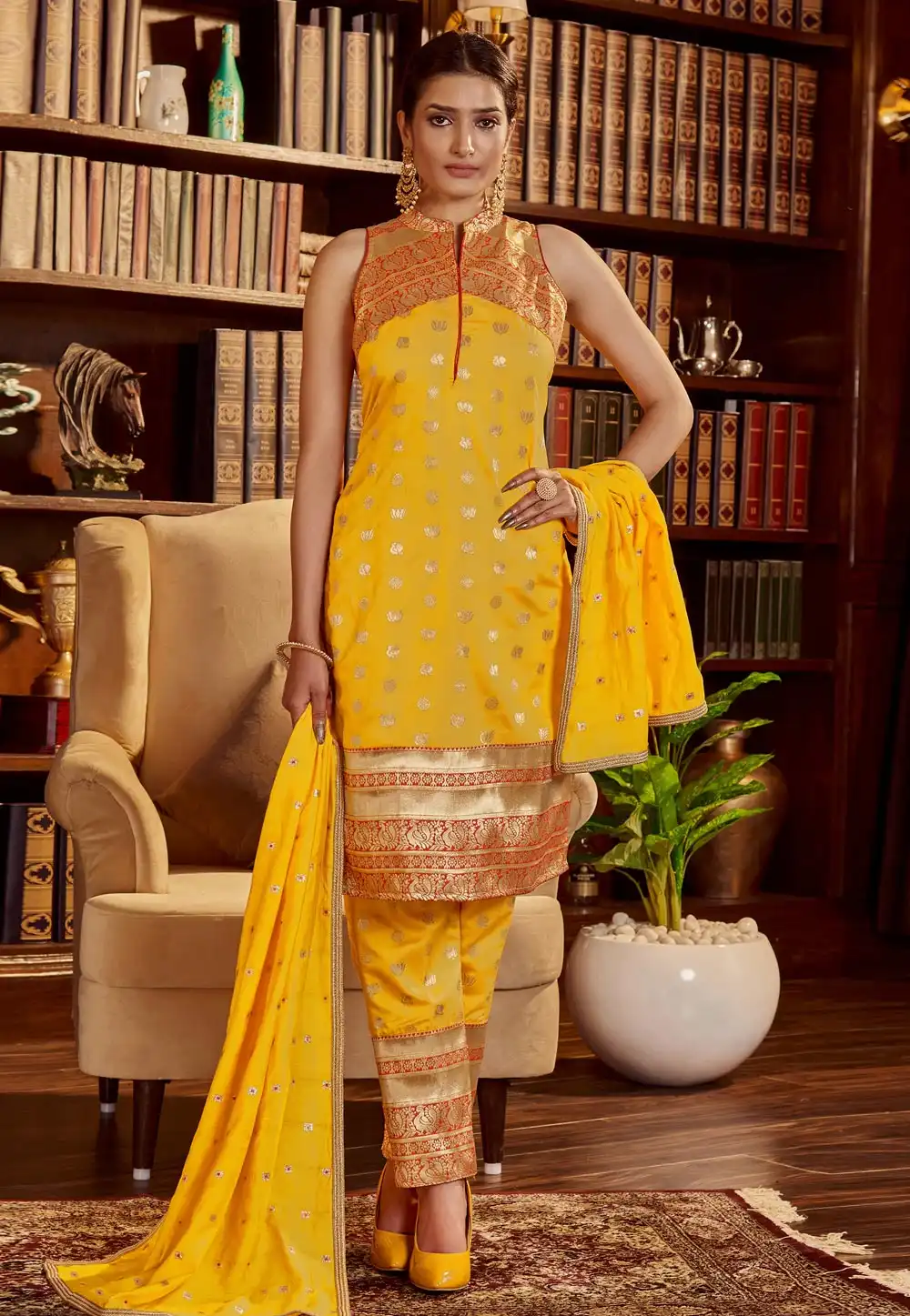 Yellow Art Silk Readymade Pant Style Suit 288971