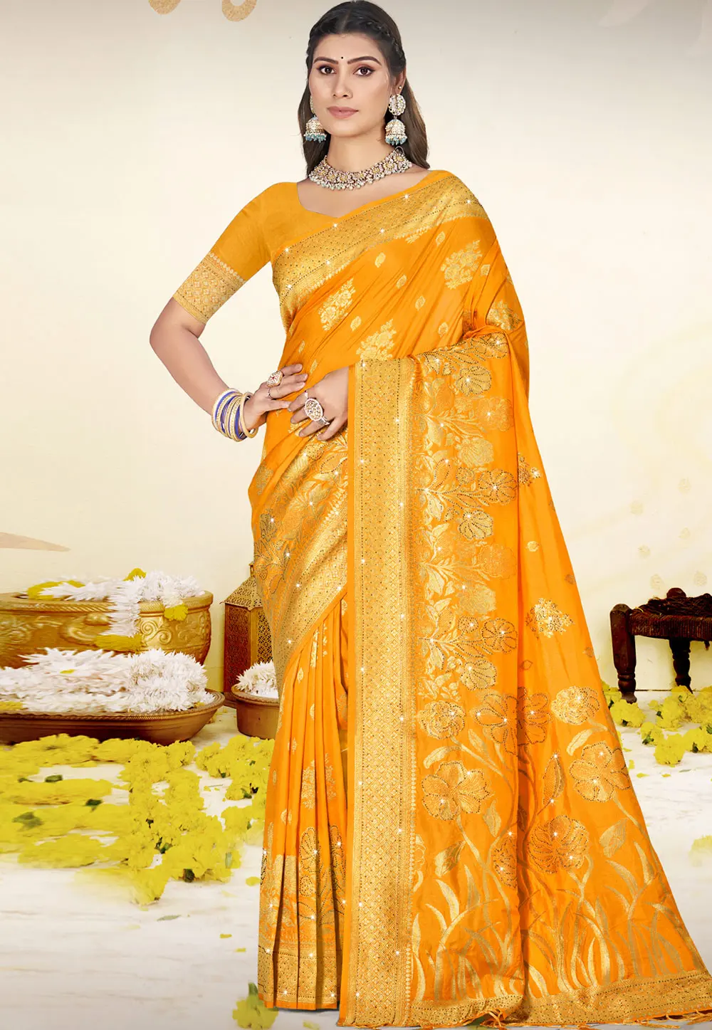 Yellow Art Silk Saree With Blouse 303042