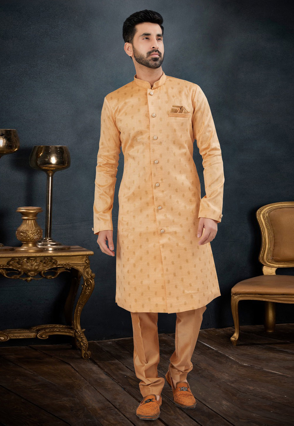 Yellow Banarasi Jacquard Indo Western Suit 282504