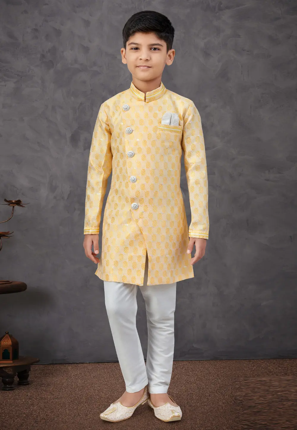 Yellow Banarasi Jacquard Kids Indo Western Sherwani 301333