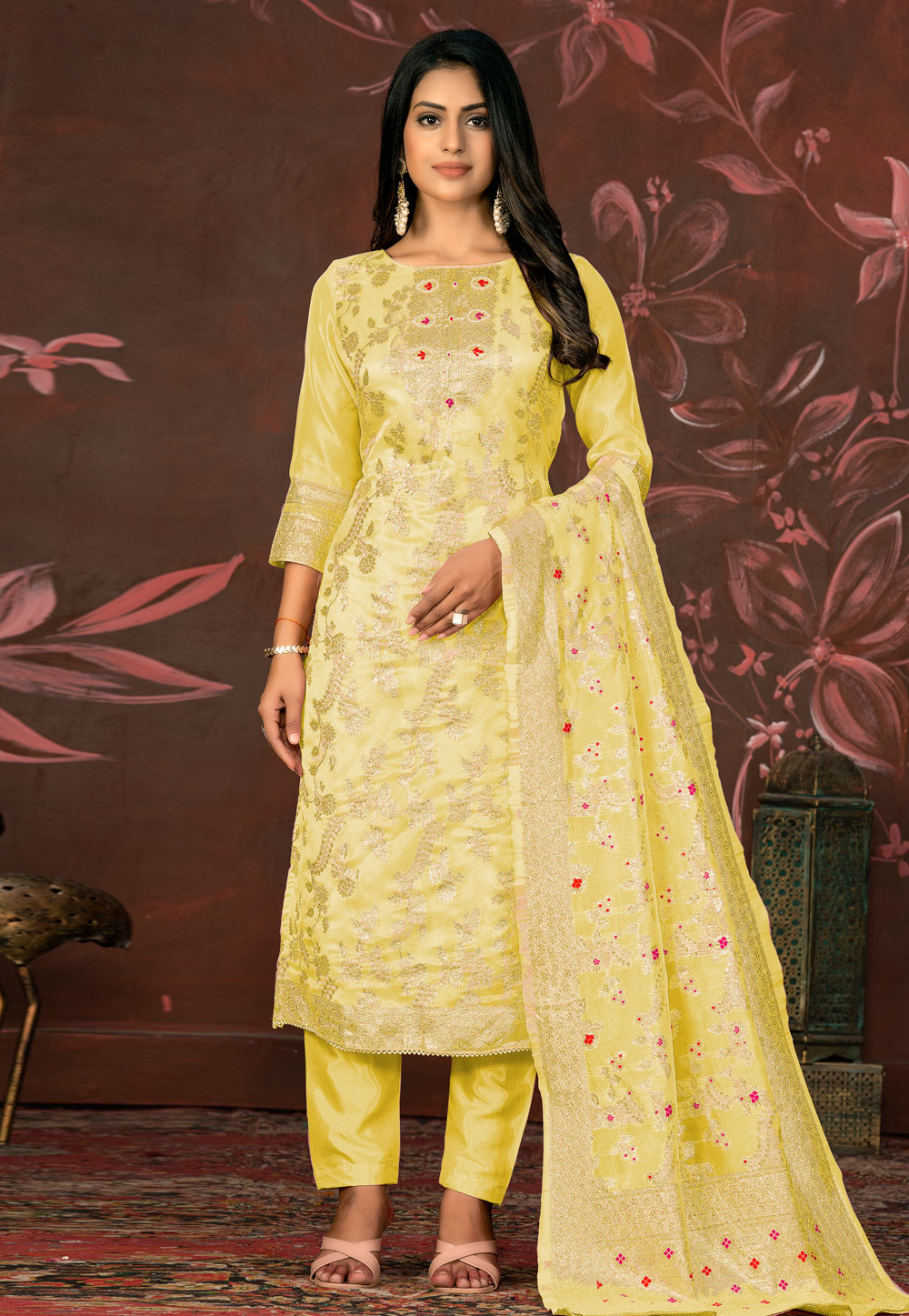 Yellow Banarasi Pant Style Suit 281231