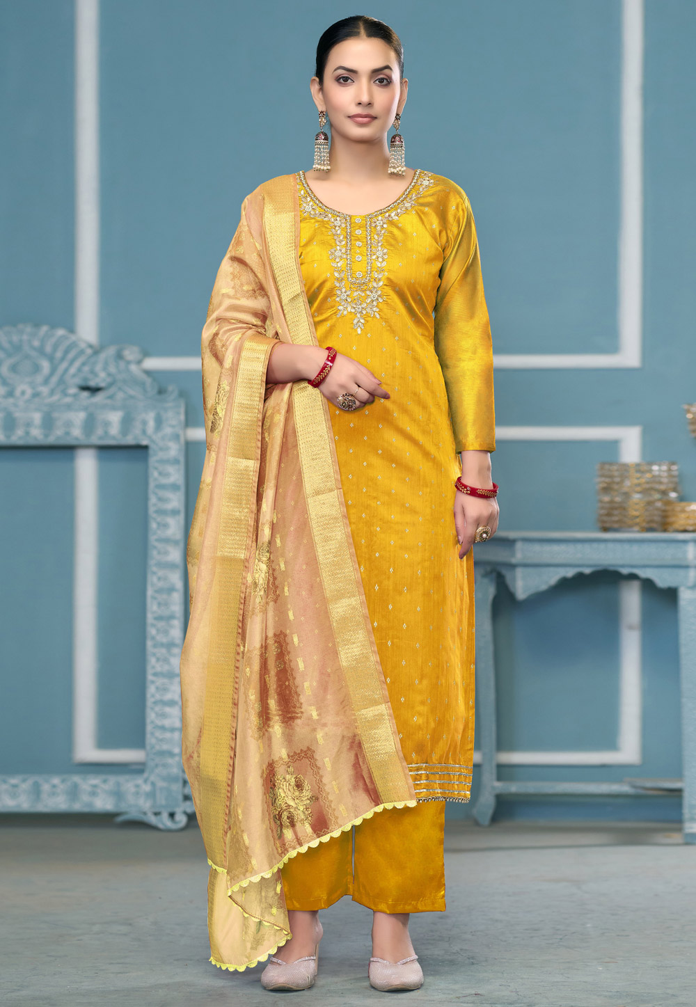 Yellow Banarasi Pant Style Suit 306847