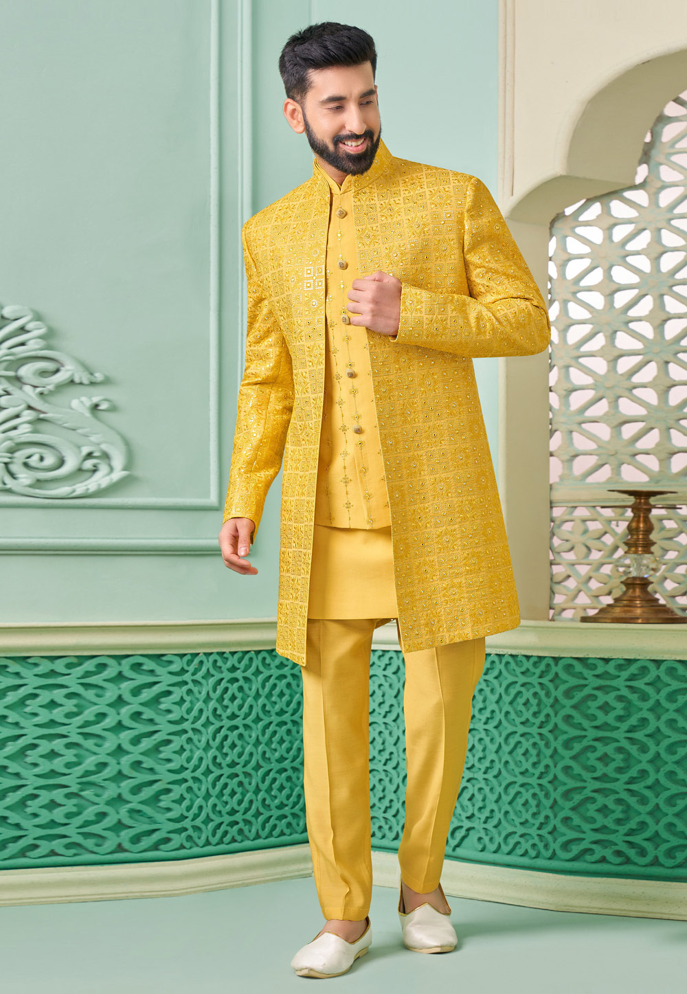Yellow Banarasi Silk Jacket Style Sherwani 285337