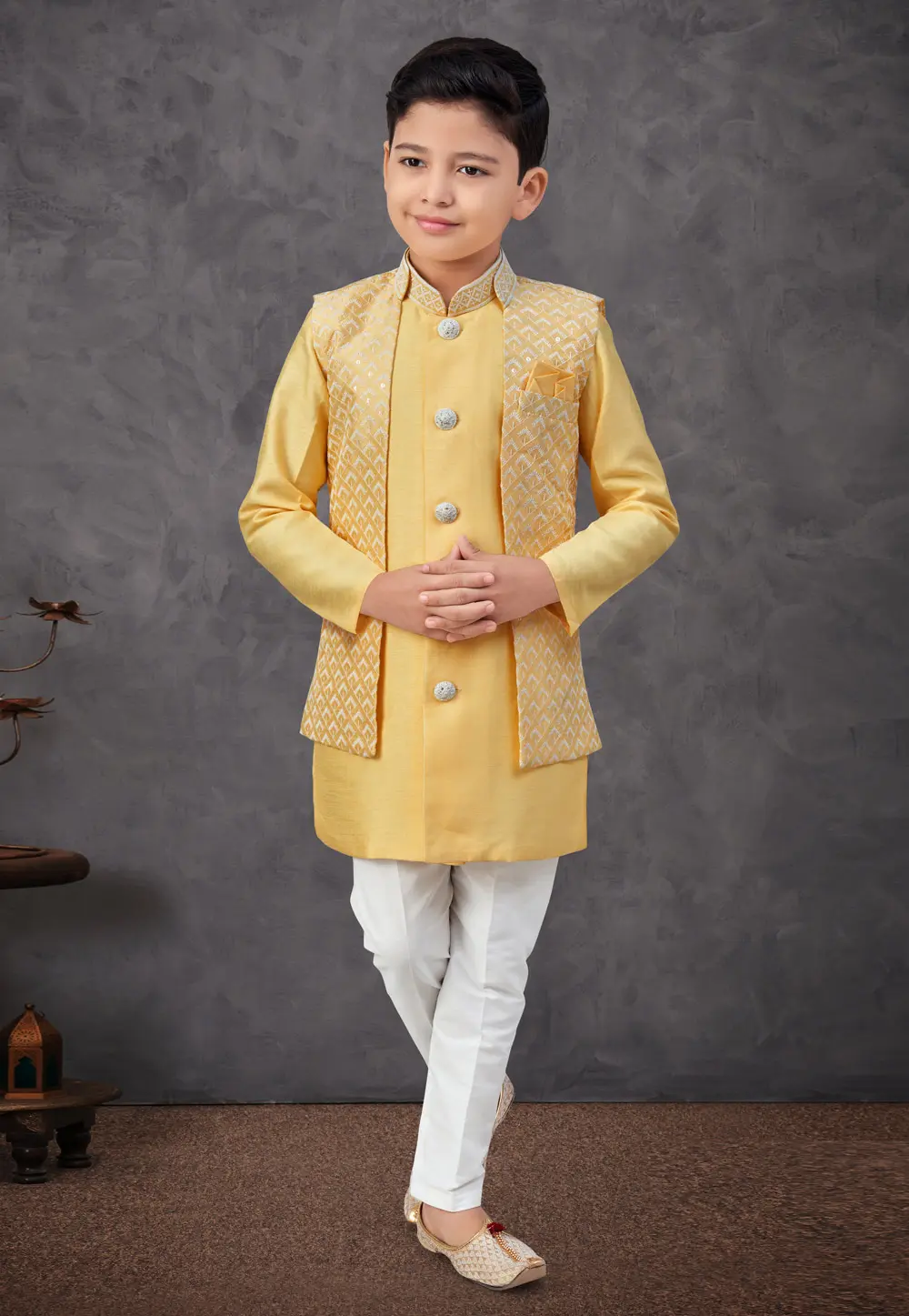 Yellow Banarasi Silk Kids Indo Western Suit 301323