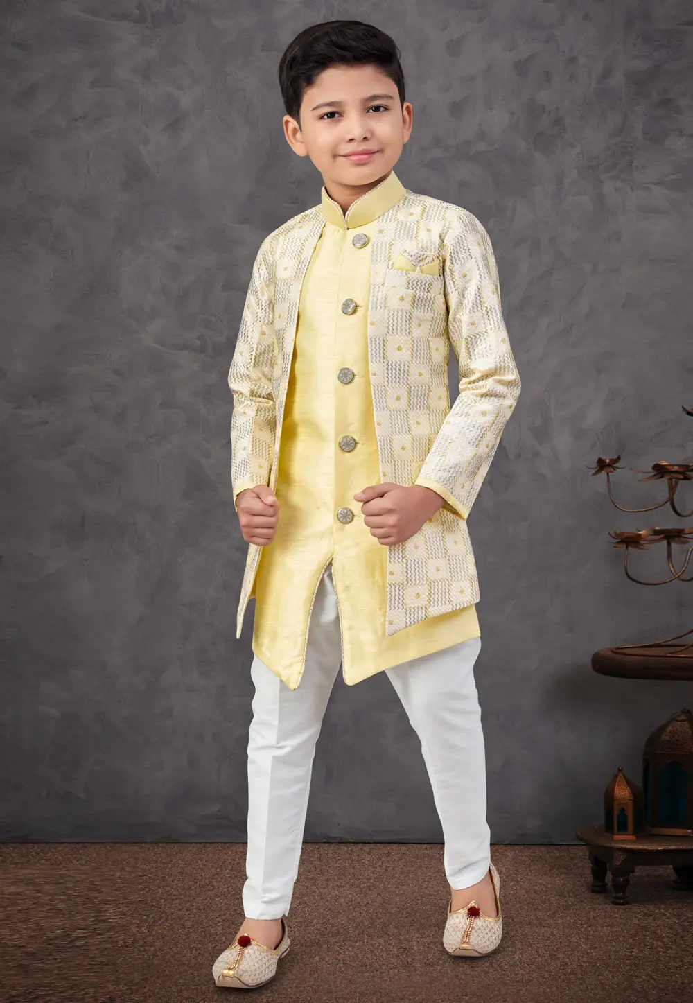 Yellow Banarasi Silk Kids Indo Western Suit 301327