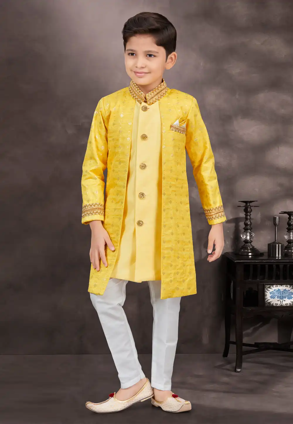 Yellow Banarasi Silk Kids Indo Western Suit 292981