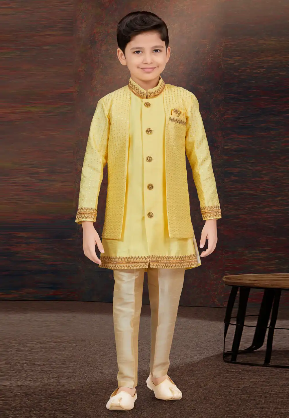 Yellow Banarasi Silk Kids Indo Western Suit 294941