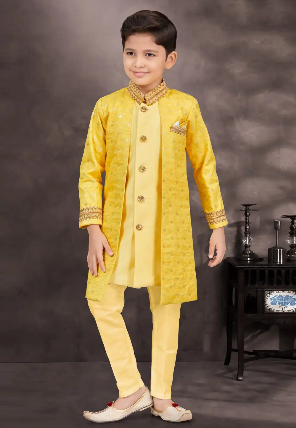 Yellow Banarasi Silk Kids Indo Western Suit 294960