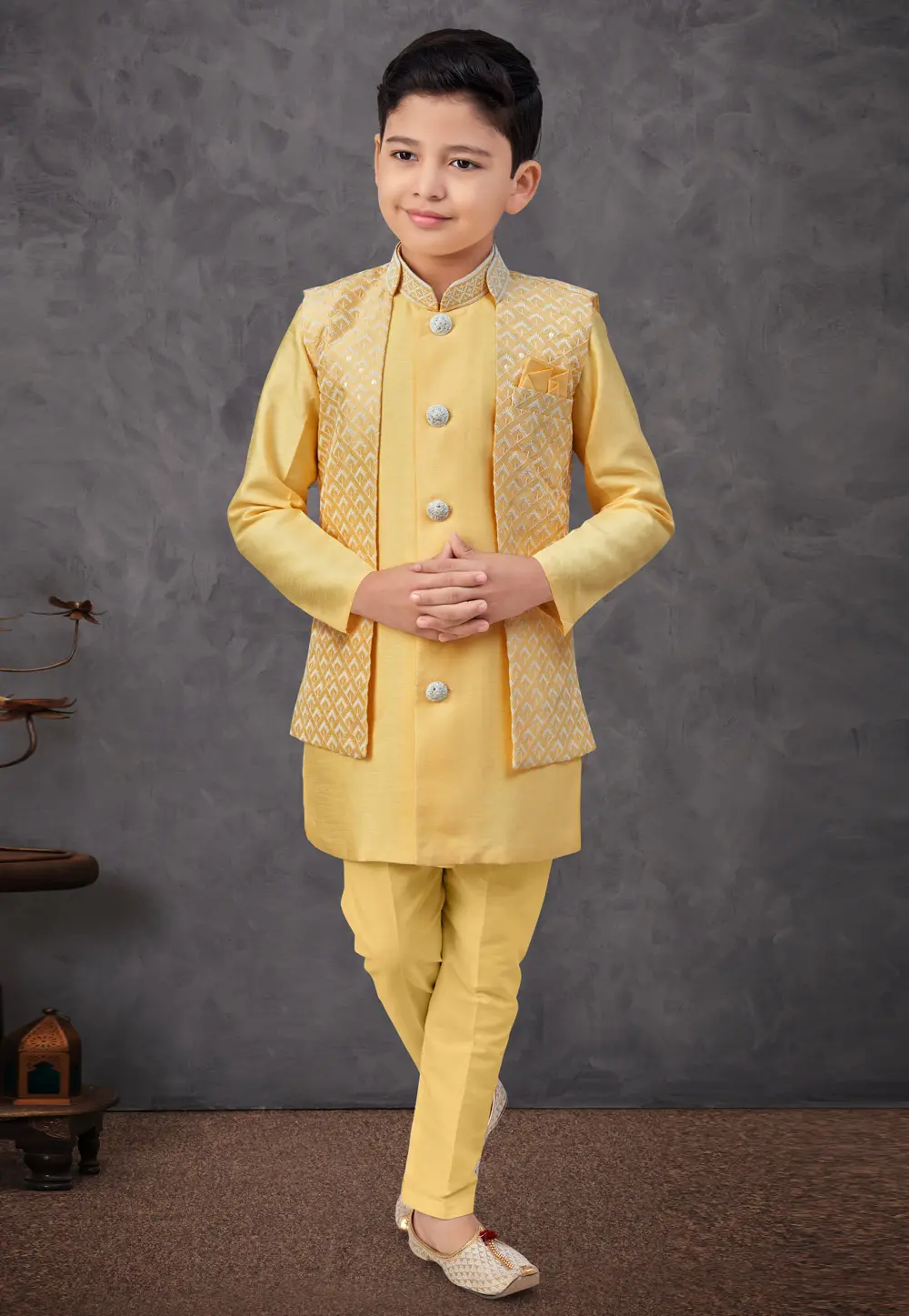 Yellow Banarasi Silk Kids Indo Western Suit 303802