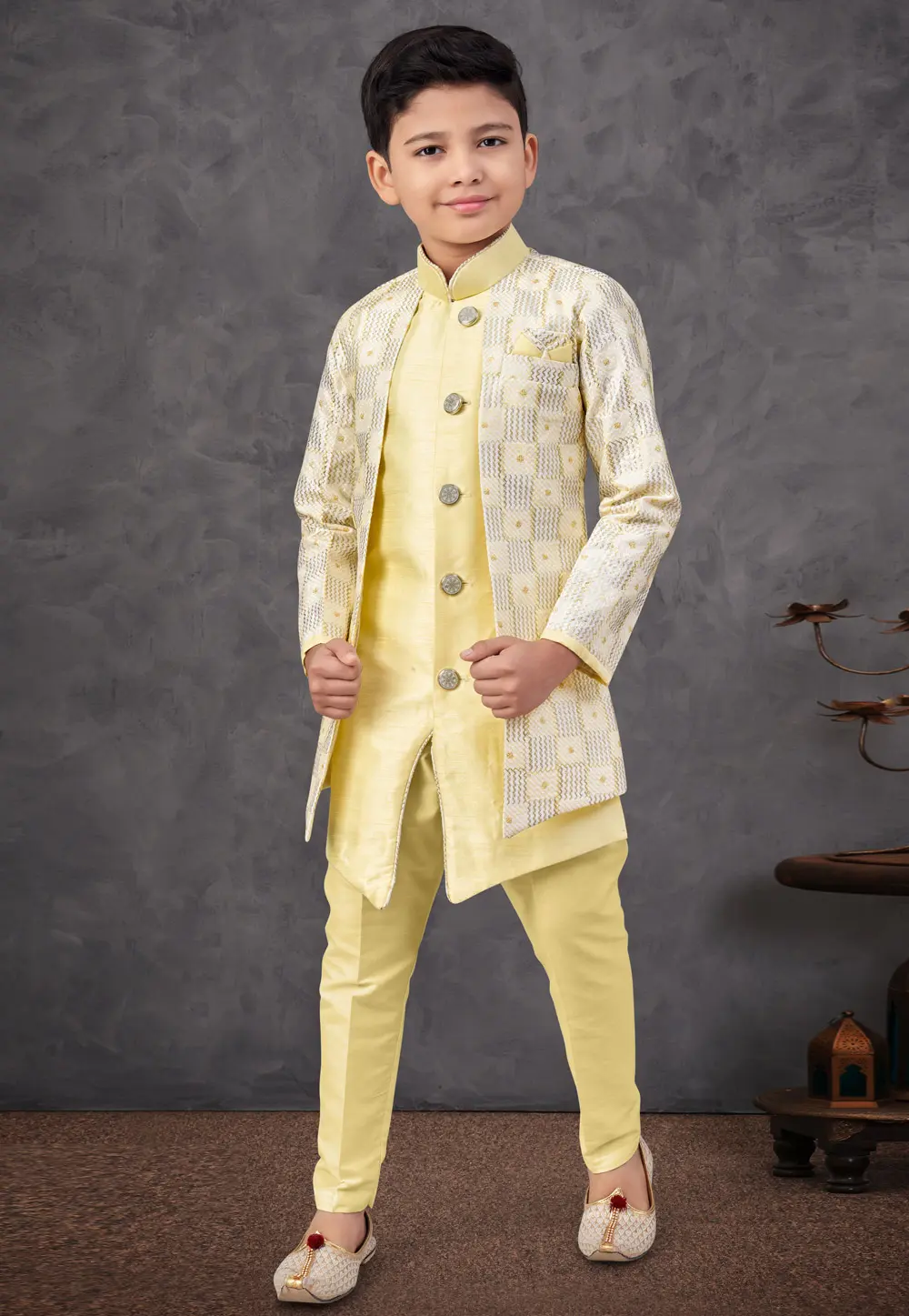 Yellow Banarasi Silk Kids Indo Western Suit 303806