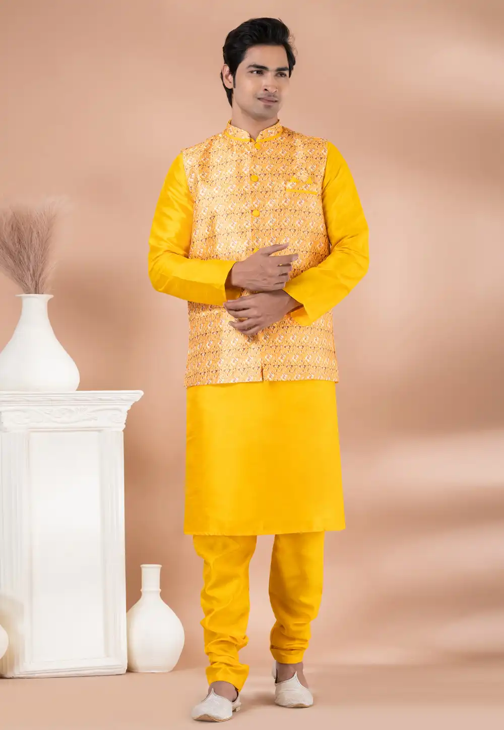 Yellow Banarasi Silk Kurta Pajama With Jacket 288694