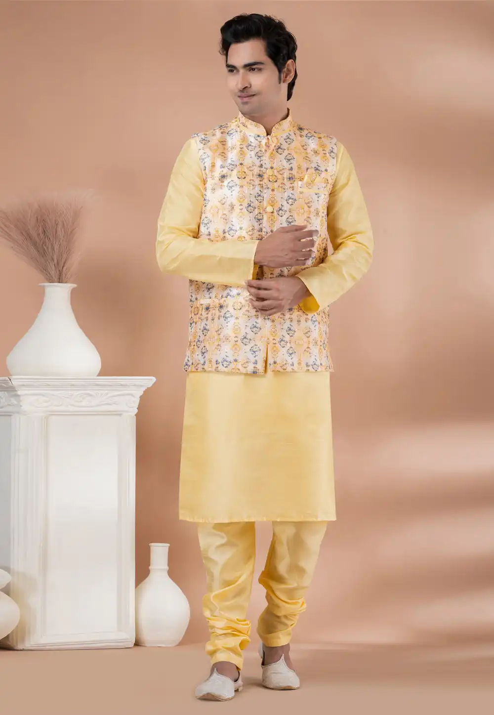 Yellow Banarasi Silk Kurta Pajama With Jacket 288697