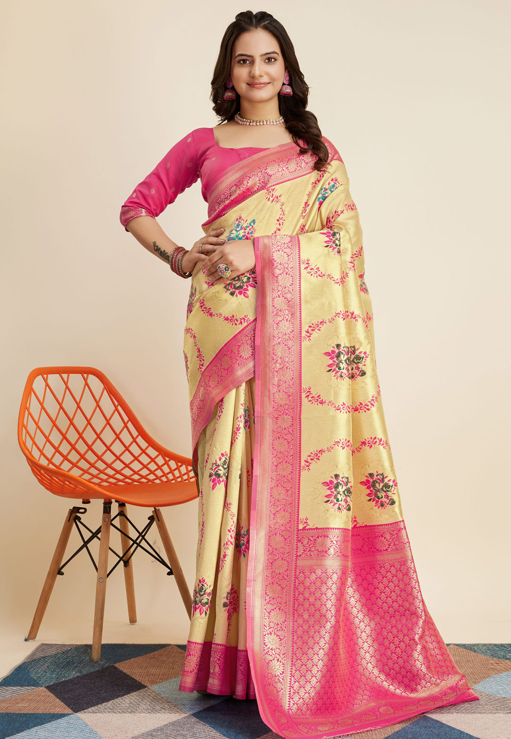 Yellow Banarasi Silk Saree With Blouse 279821
