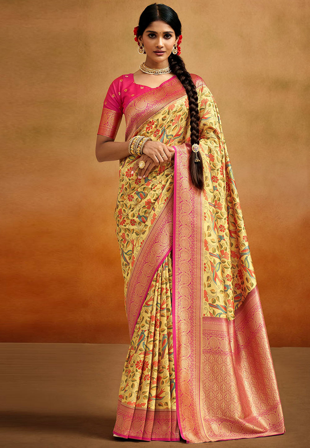 Yellow Banarasi Silk Saree With Blouse 281798