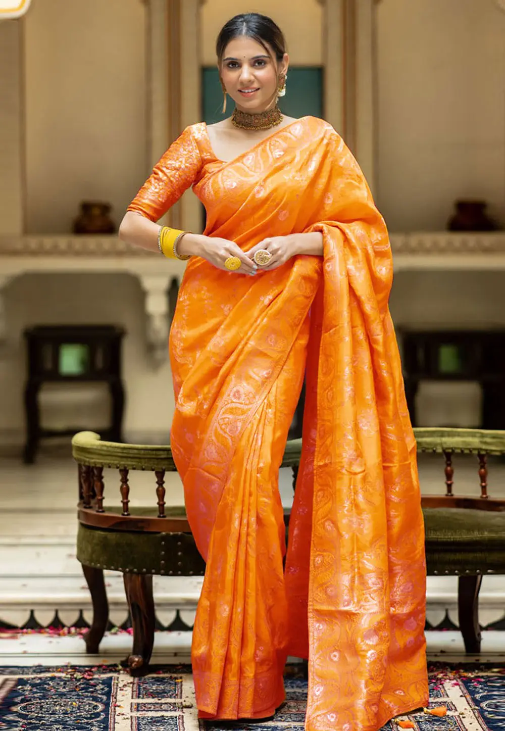 Yellow Banarasi Silk Saree With Blouse 298164