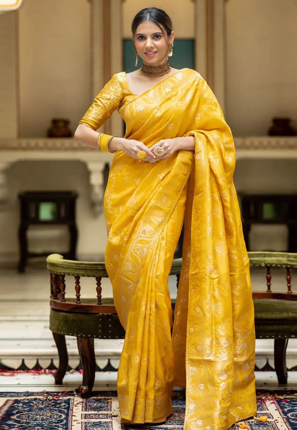 Yellow Banarasi Silk Saree With Blouse 298164