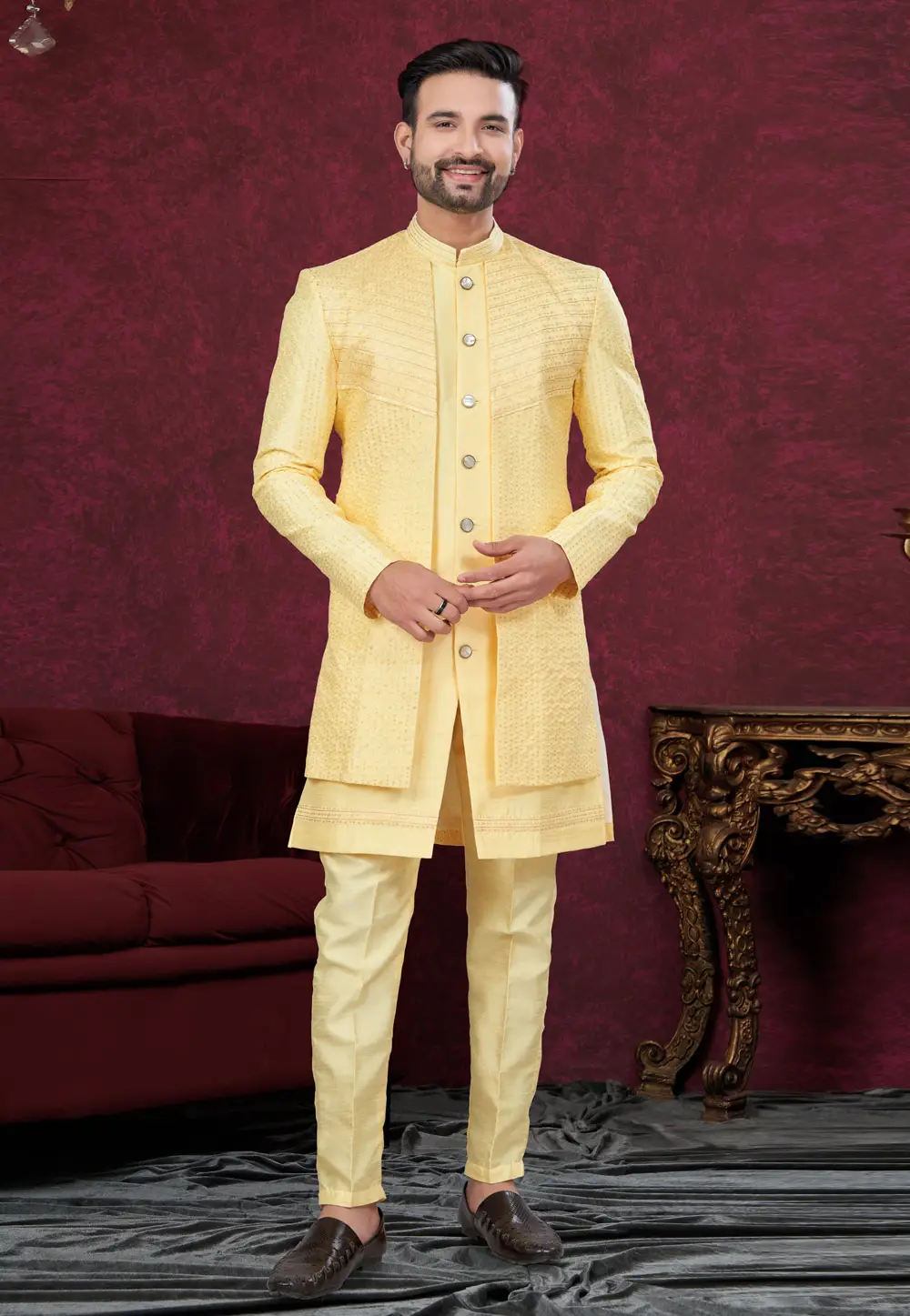 Yellow Banglori Silk Indo Western Suit 295613