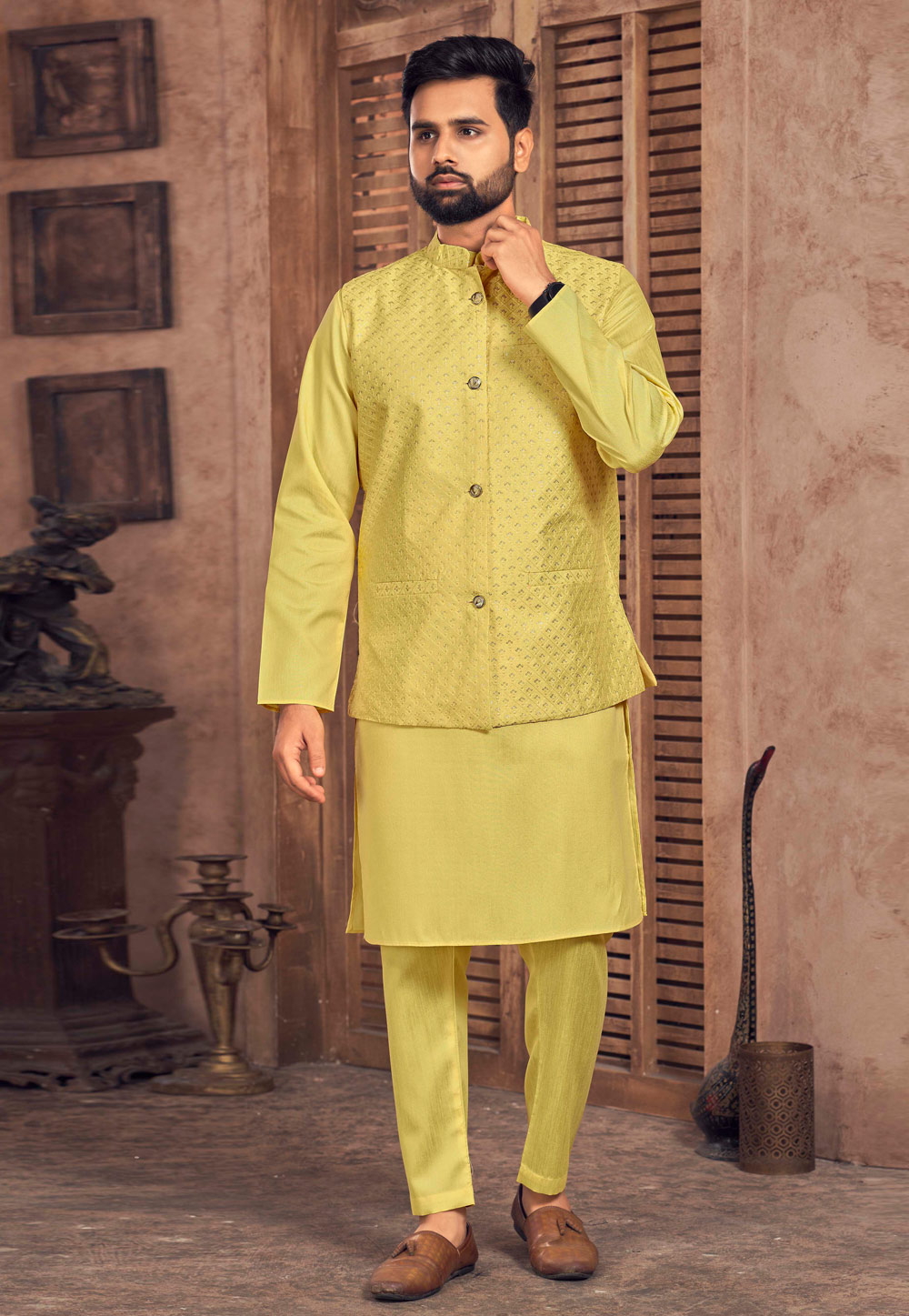 Yellow Banglori Silk Kurta Pajama With Jacket 283874