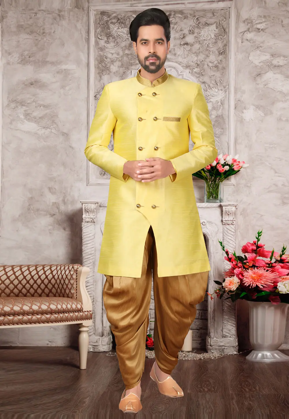 Yellow Brocade Silk Indo Western Suit 302961