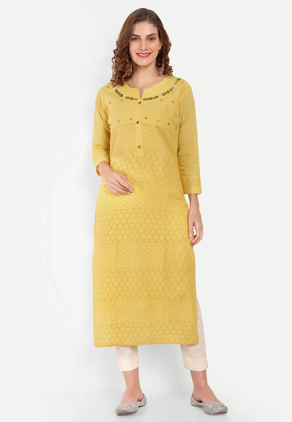 Yellow Cambric Cotton Long Tunic 300494