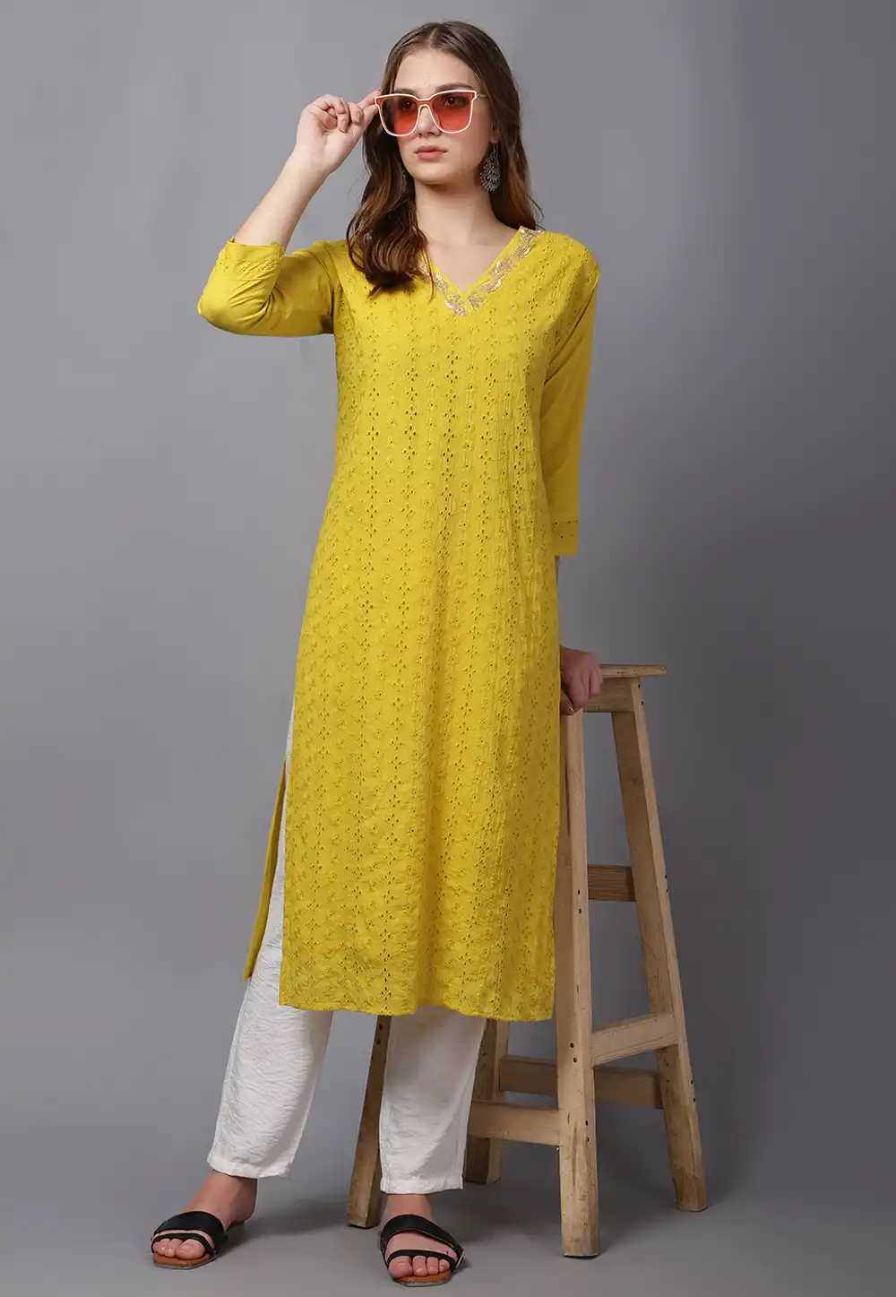 Yellow Cambric Cotton Long Tunic 294504