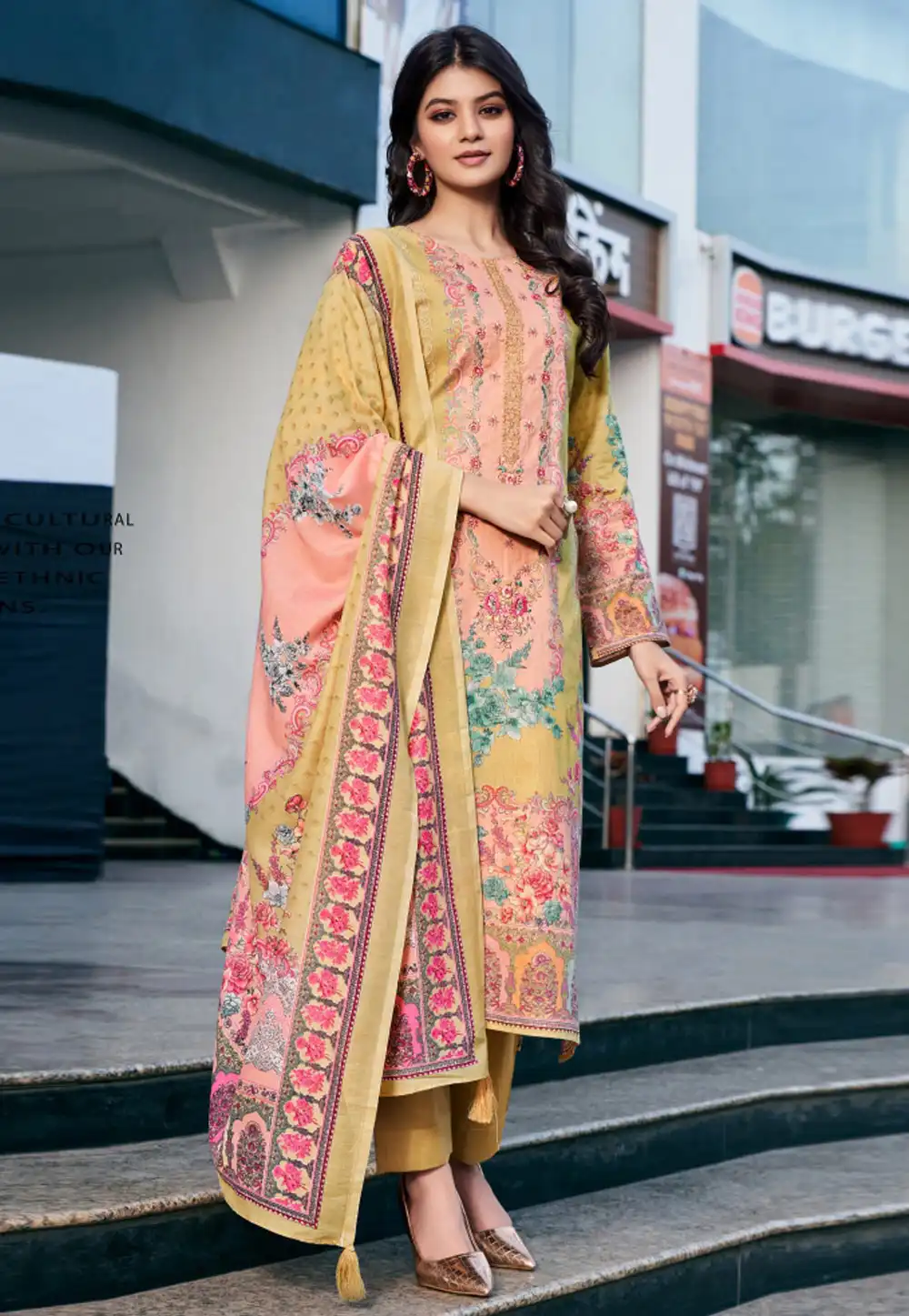 Yellow Cambric Cotton Pant Style Suit 288121
