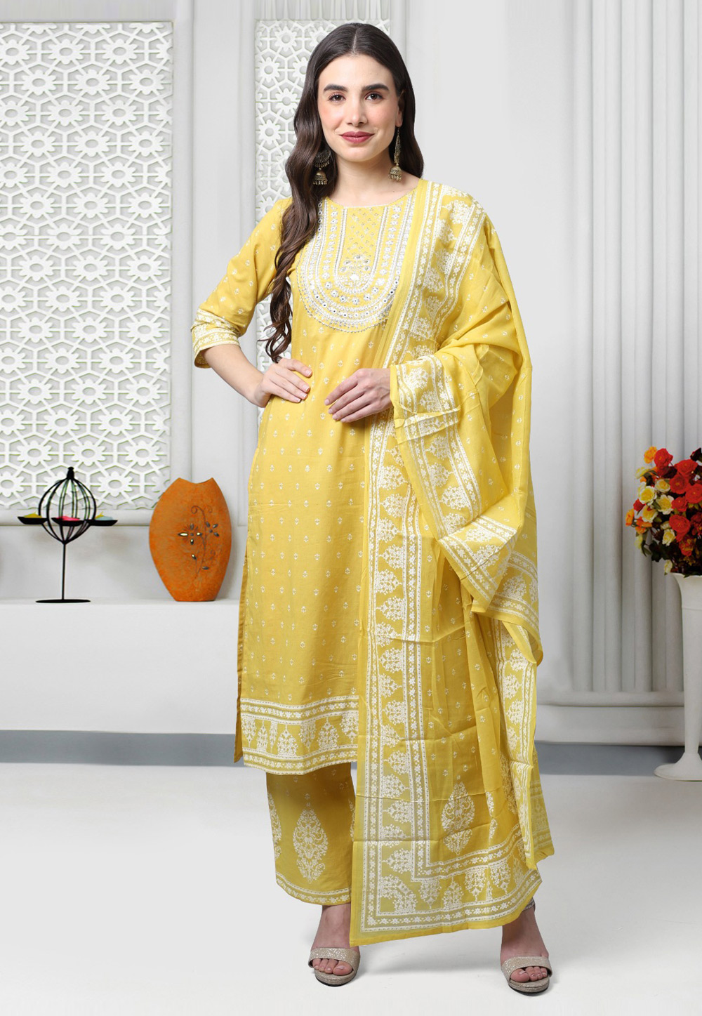Yellow Cambric Cotton Readymade Pakistani Suit 278220