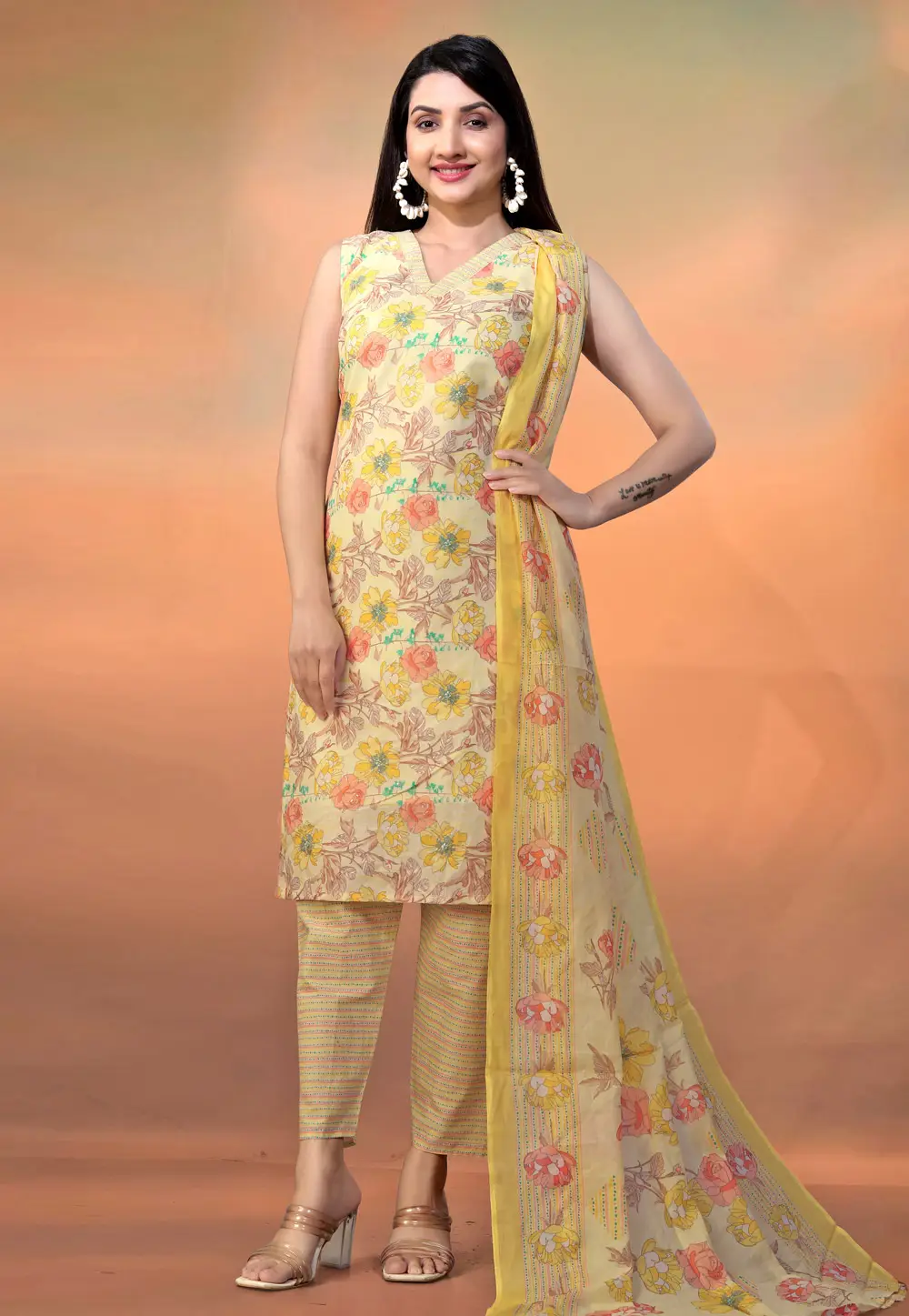 Yellow Cambric Cotton Readymade Pakistani Suit 295582