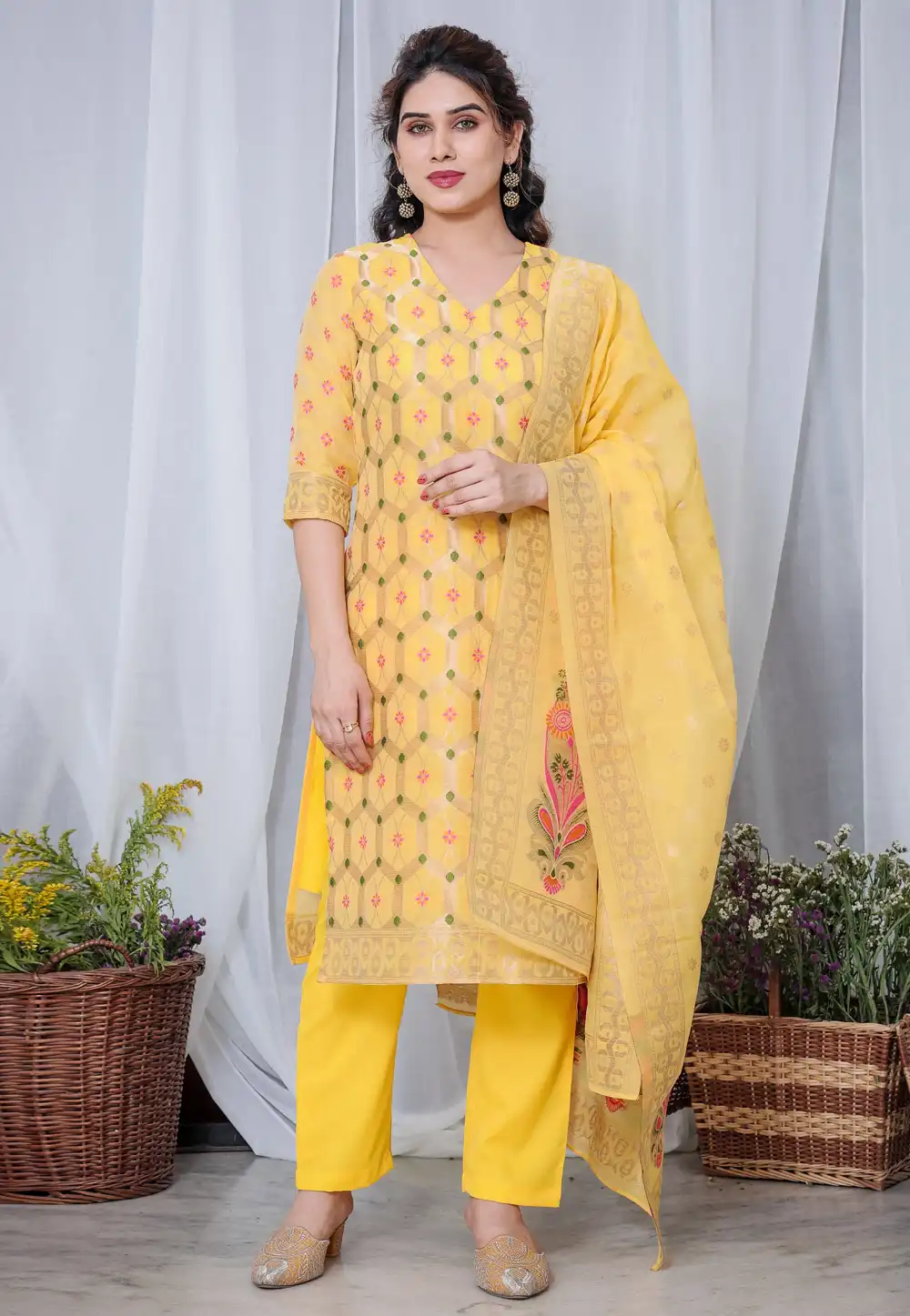 Yellow Chanderi Cotton Readymade Pant Style Suit 290765