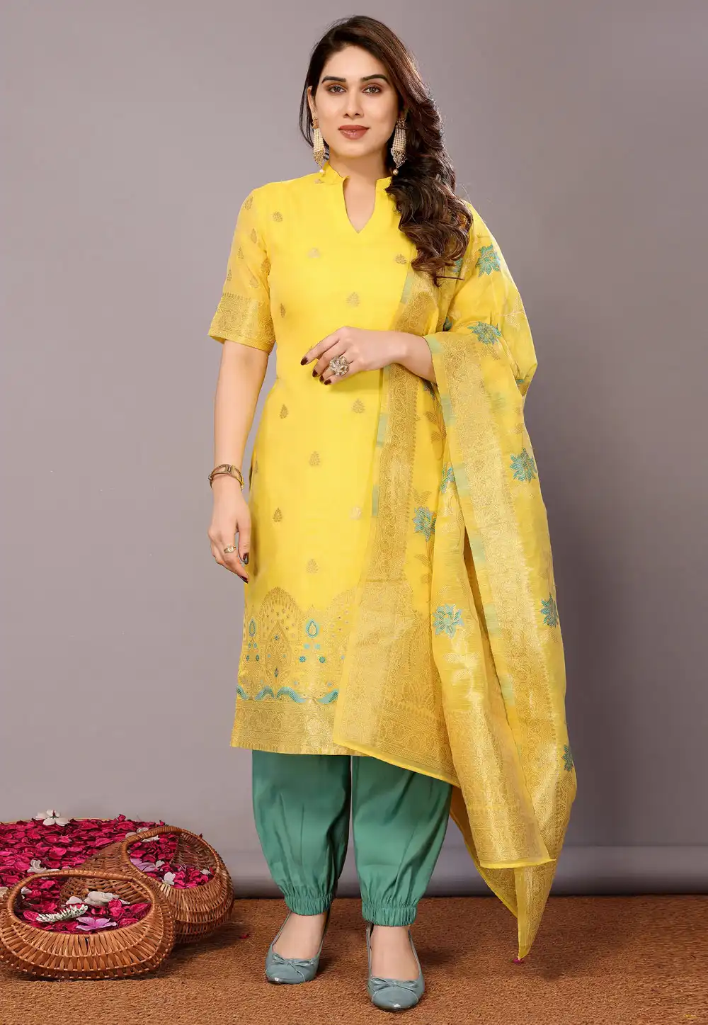 Yellow Chanderi Cotton Readymade Punjabi Suit 290763