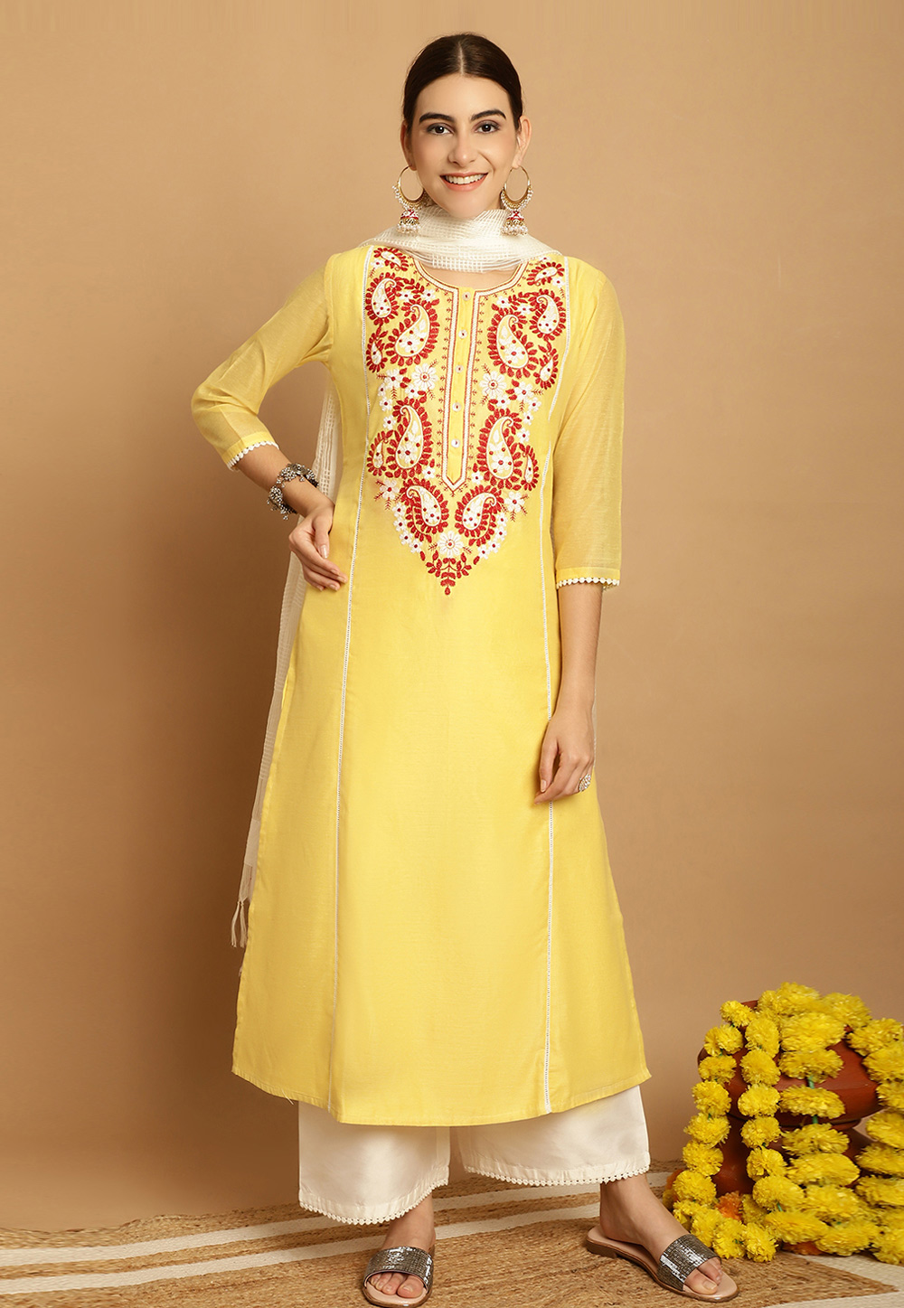 Yellow Chanderi Readymade Pakistani Suit 280625