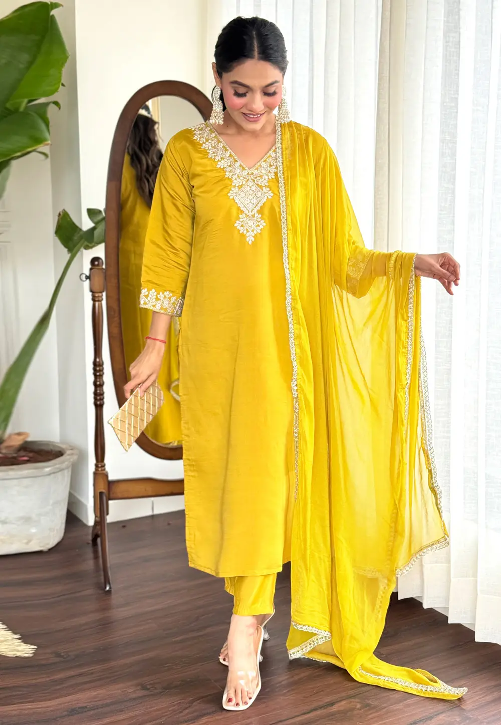 Yellow Chanderi Readymade Pakistani Suit 295371