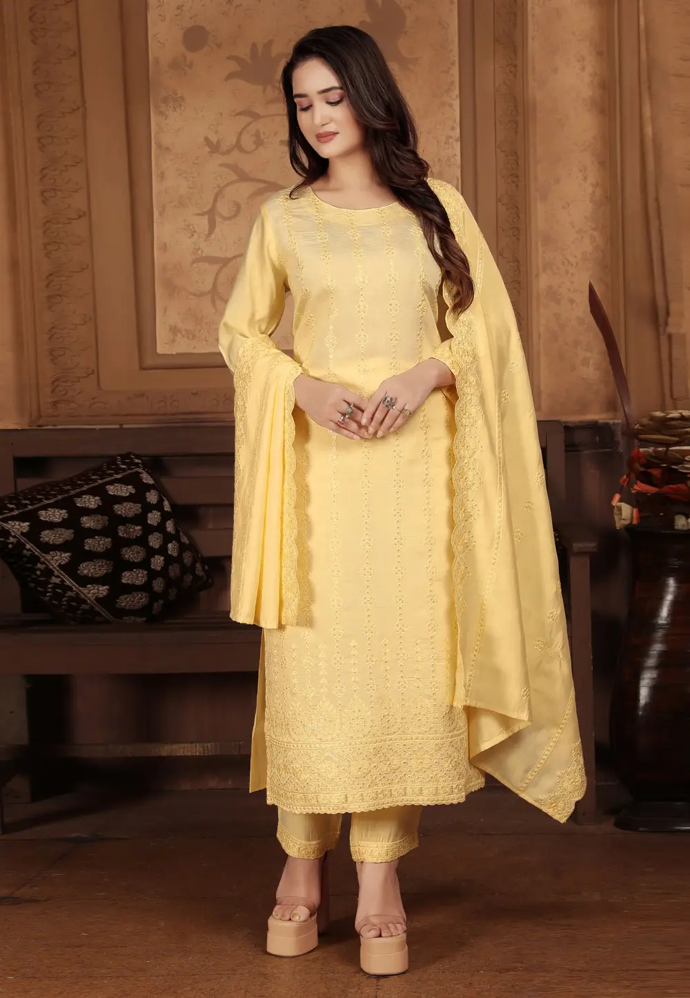 Yellow Chanderi Readymade Pant Style Suit 297089