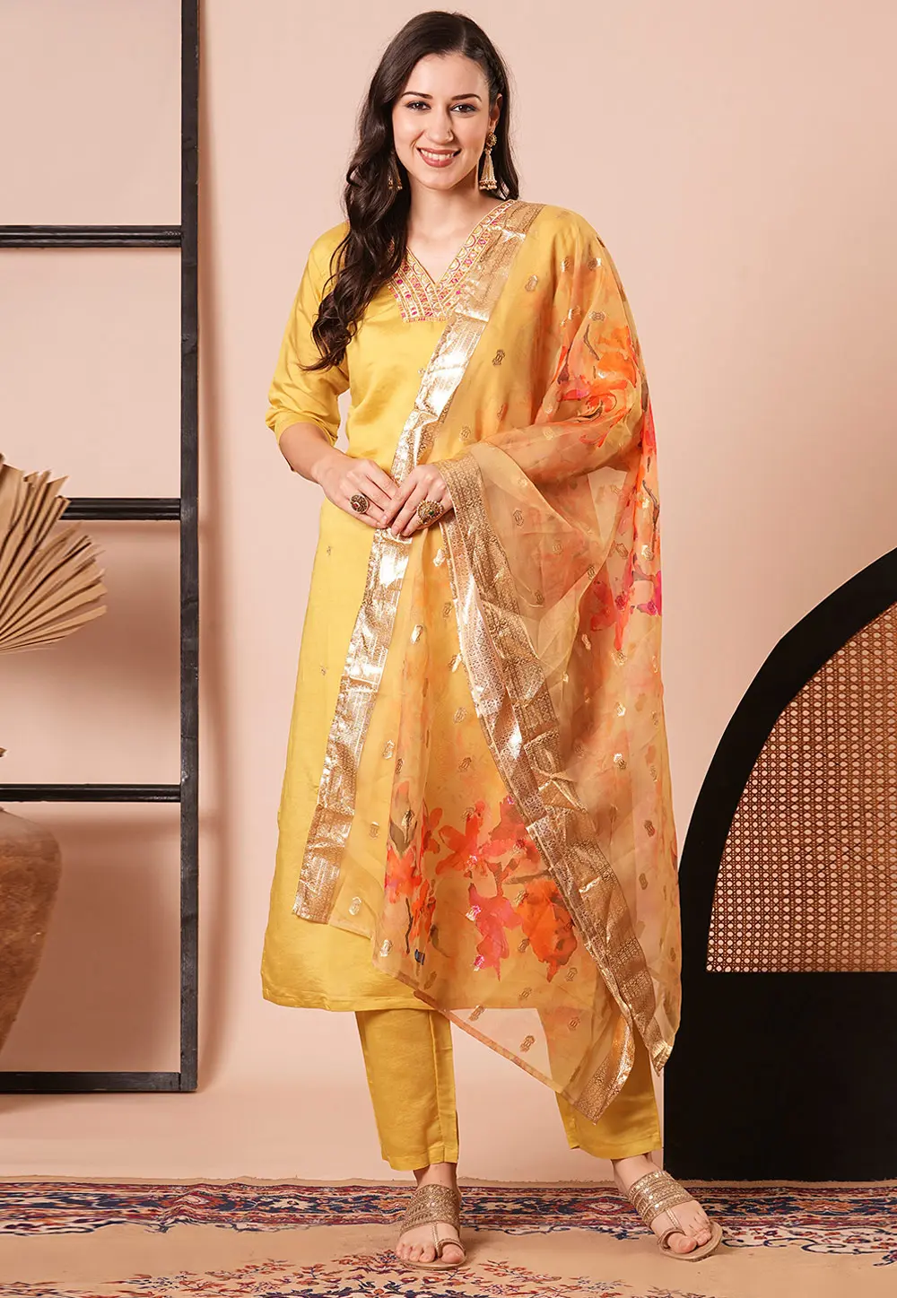 Yellow Chanderi Readymade Pant Style Suit 299687