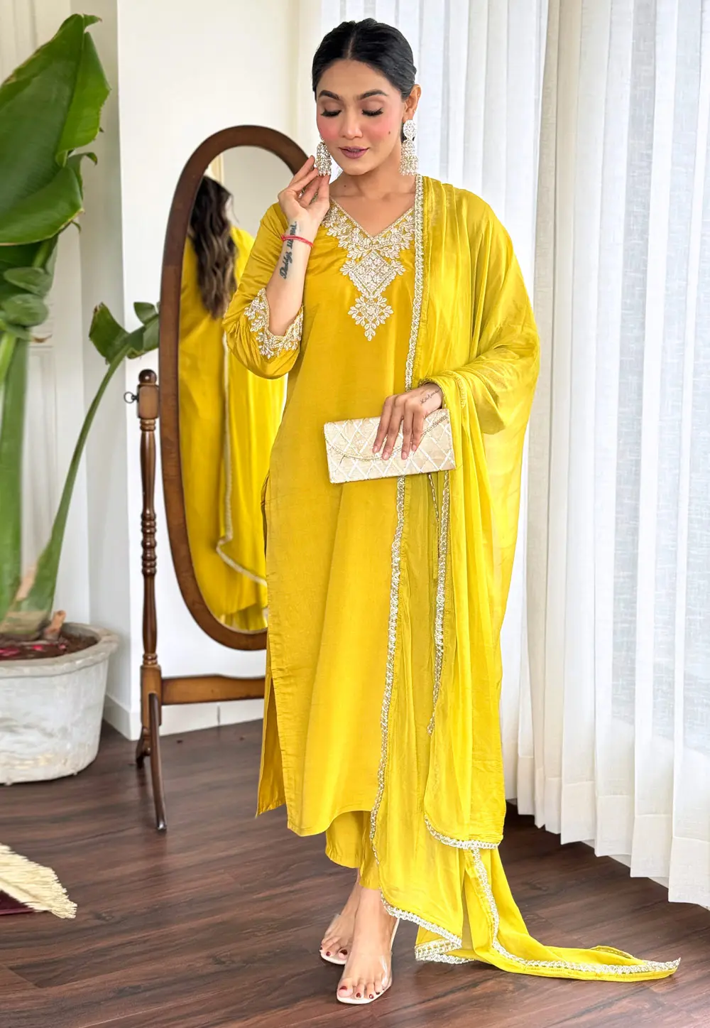 Yellow Chanderi Readymade Pant Style Suit 300524