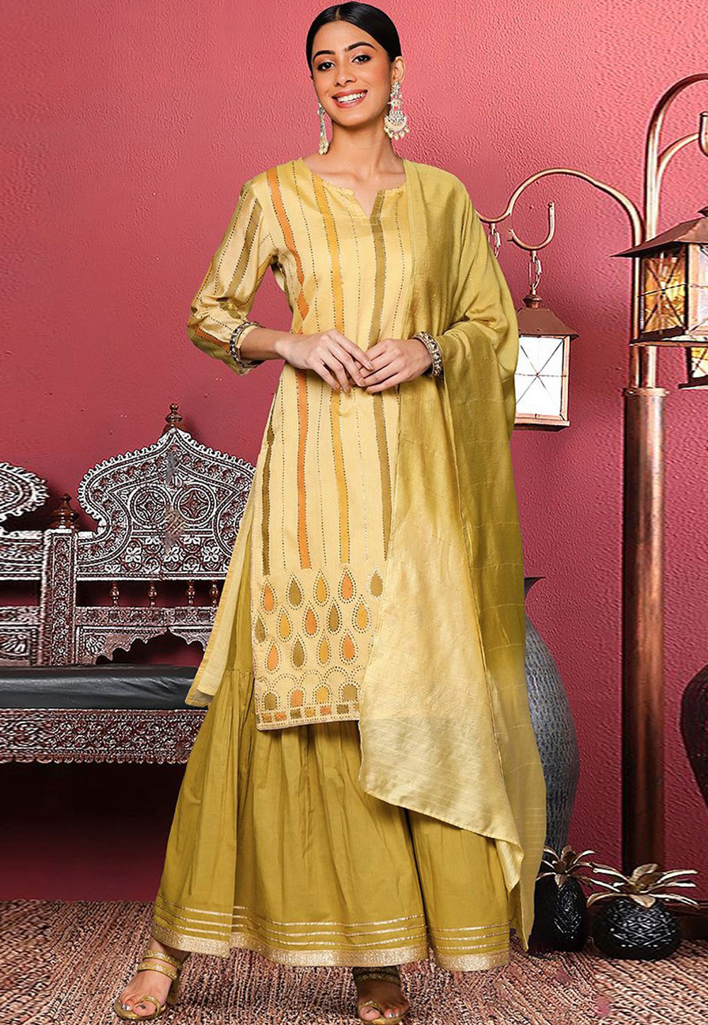 Yellow Chanderi Readymade Sharara Suit 305425