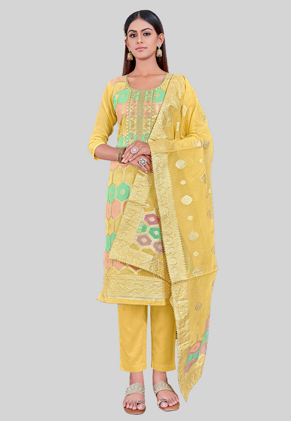 Yellow Chanderi Silk Pant Style Suit 284471