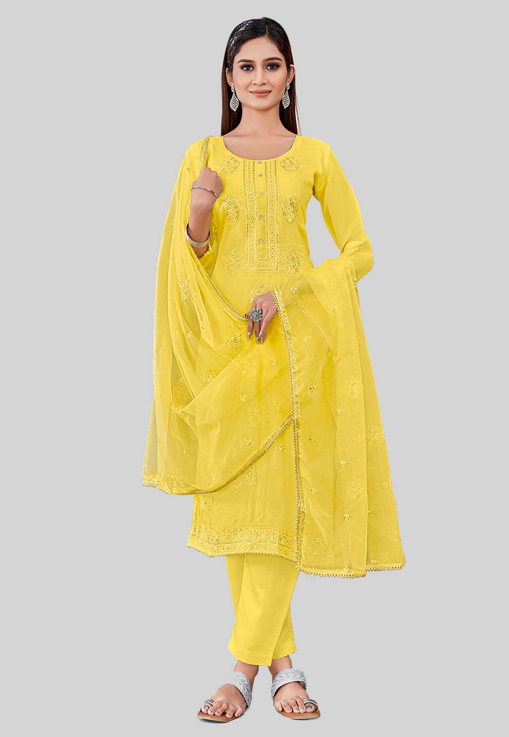 Yellow Chanderi Silk Pant Style Suit 284586