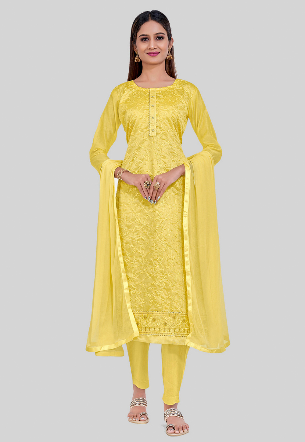Yellow Chanderi Silk Pant Style Suit 284773