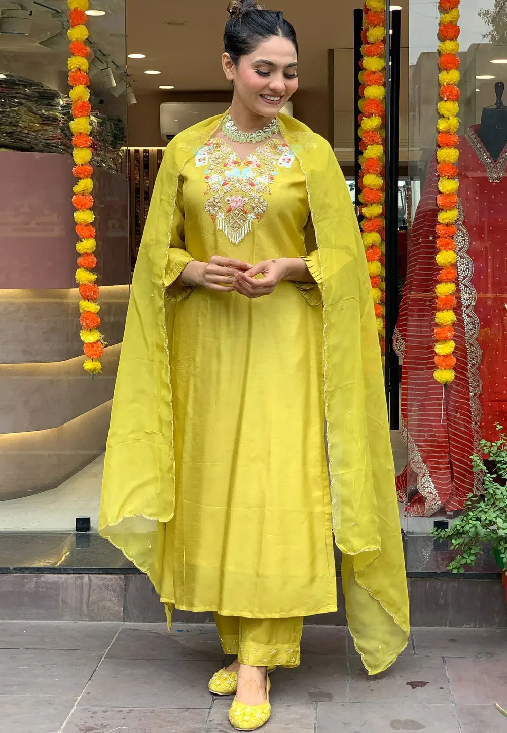 Yellow Chanderi Silk Readymade Pakistani Suit 303839