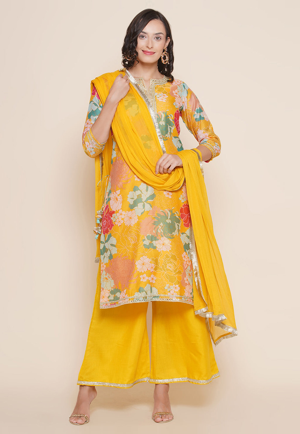 Yellow Chanderi Silk Readymade Palazzo Suit 281456