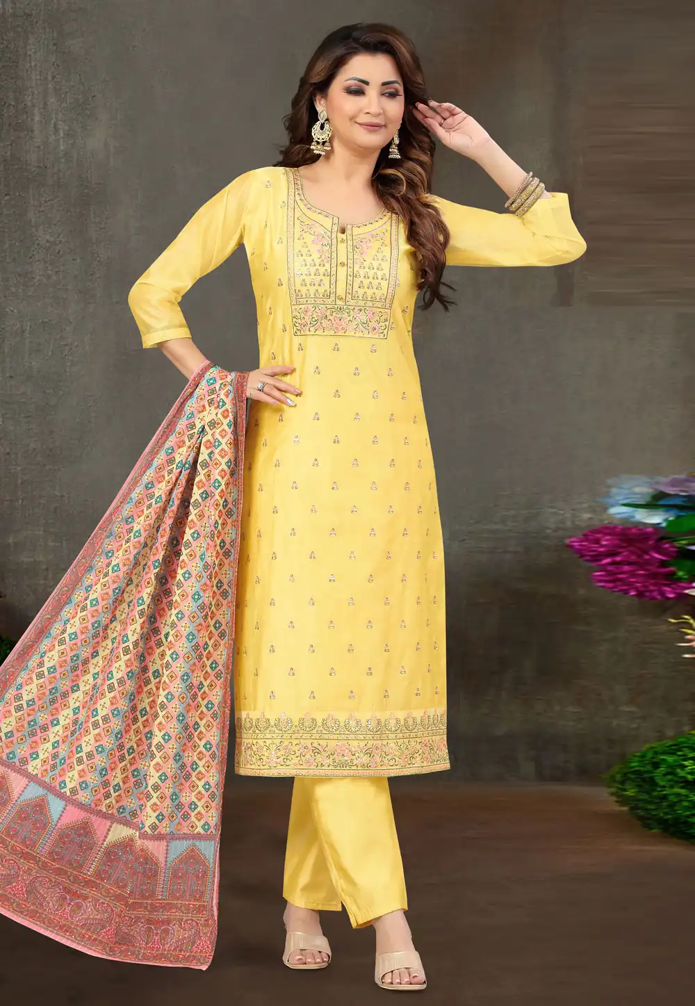 Yellow Chanderi Silk Readymade Pant Style Suit 291407