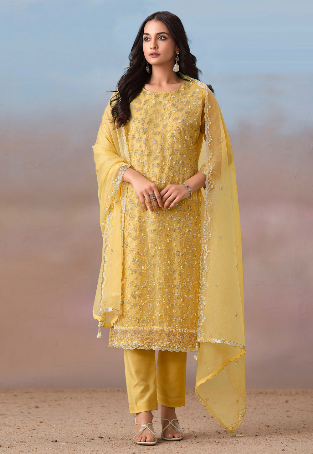 Yellow Chiffon Embroidered Pakistani Suit 309329