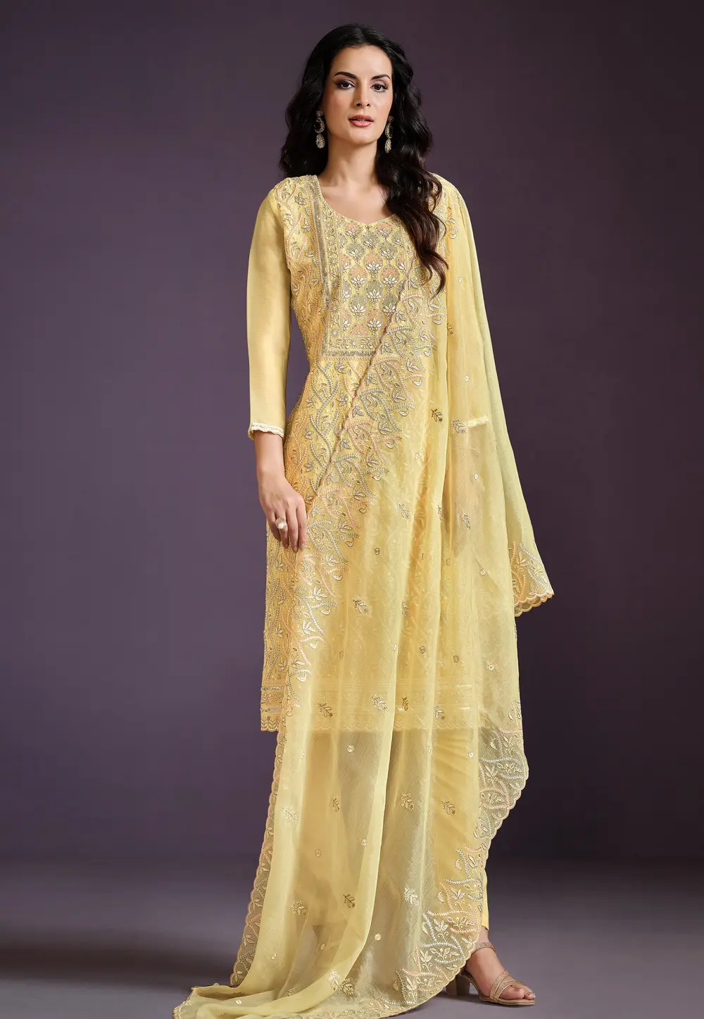 Yellow Chiffon Embroidered Pant Style Suit 297961