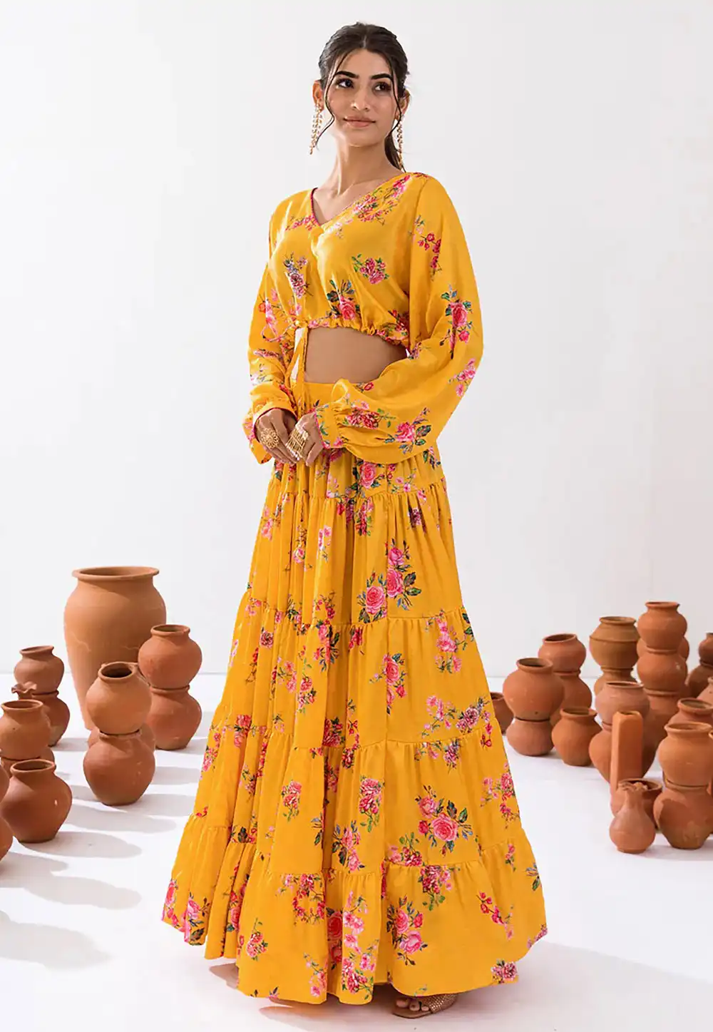 Yellow Chinon Crop Top Lehenga 294716