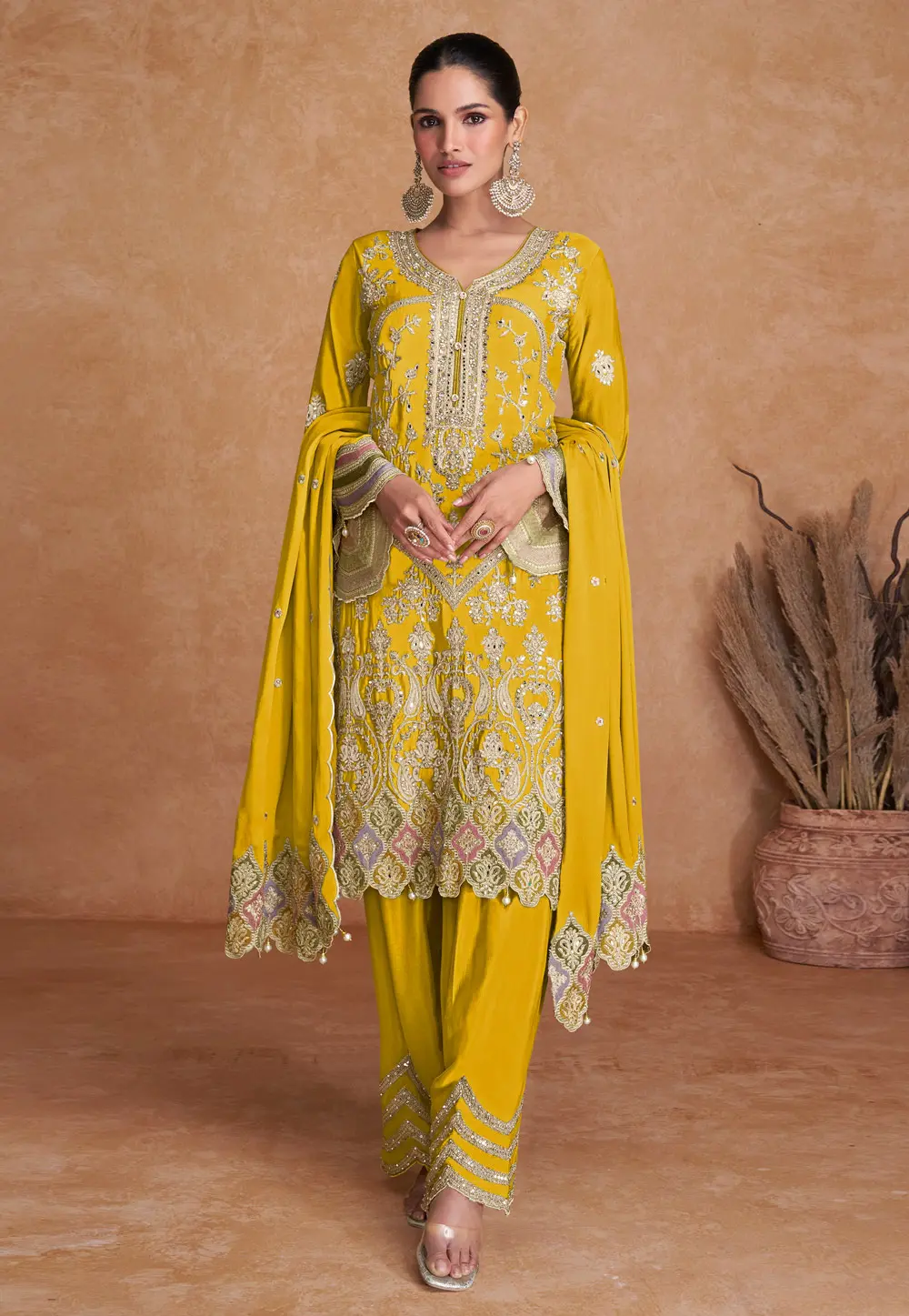 Yellow Chinon Embroidered Pakistani Suit 297576